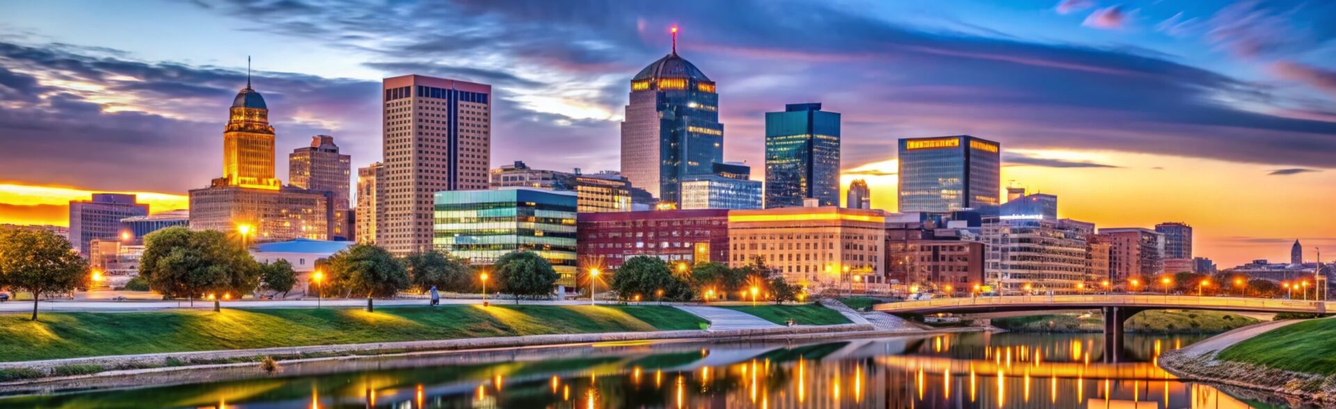 Des Moines, IA dazzles at dusk with a vibrant skyline, showcasing stunning reflections that enhance the cityscape's Des Moines, IA dazzles at dusk with a vibrant skyline, showcasing stunning reflections that enhance the cityscape's